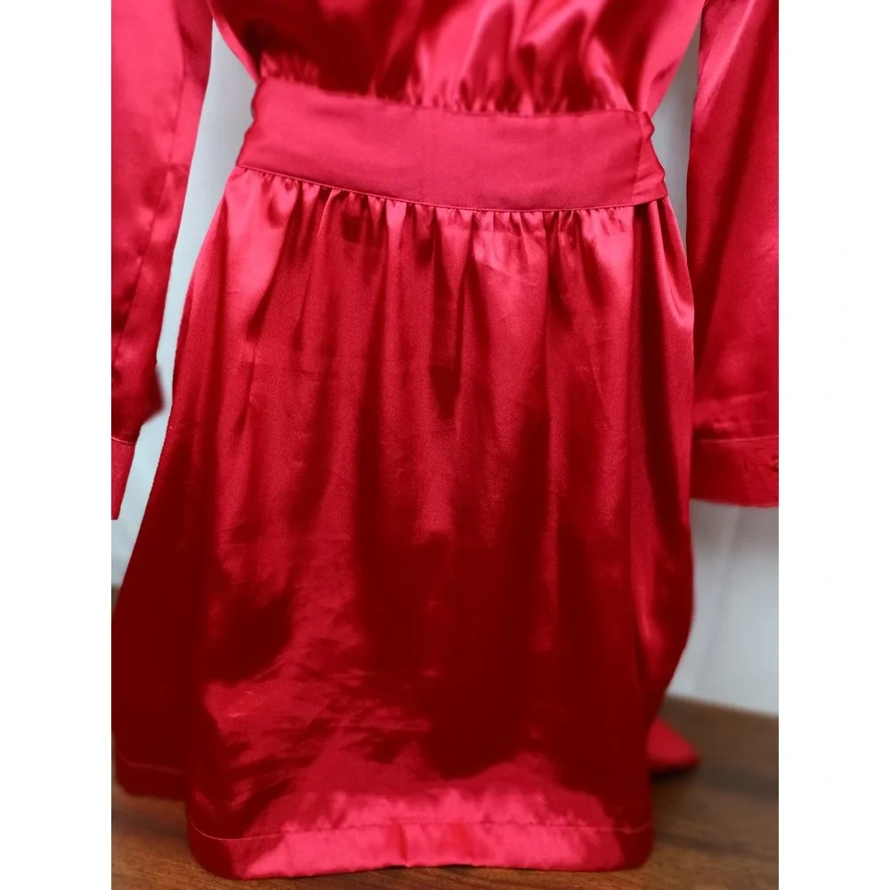 vintage S Red satin belted luxury lace‎ robe valentines date night loungewear